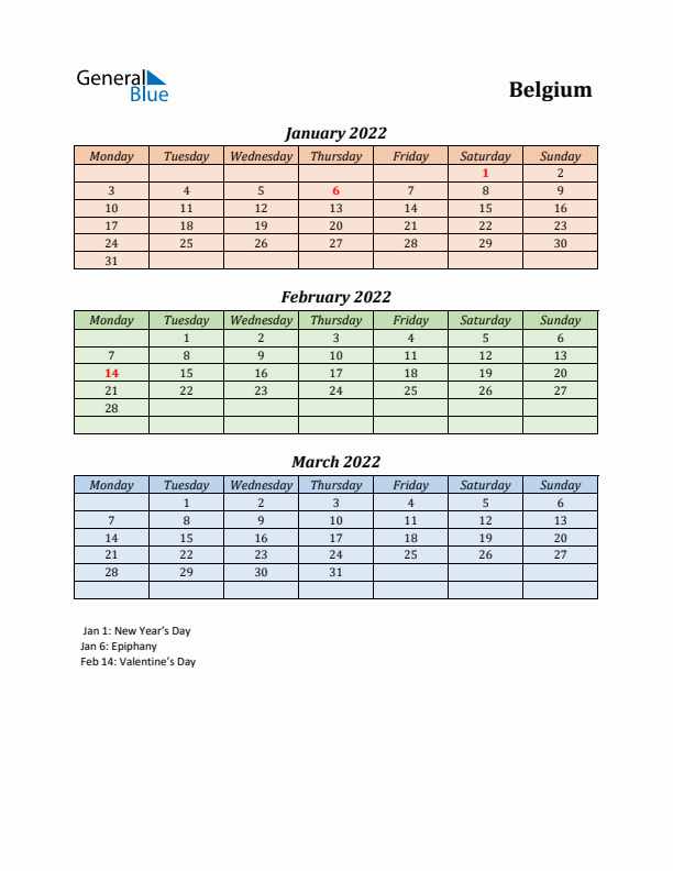 Q1 2022 Holiday Calendar - Belgium