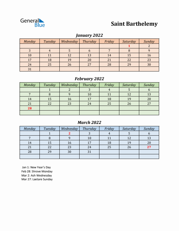 Q1 2022 Holiday Calendar - Saint Barthelemy