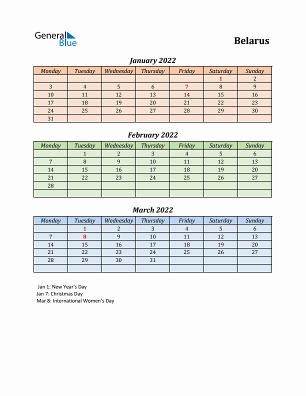 Q1 2022 Holiday Calendar - Belarus