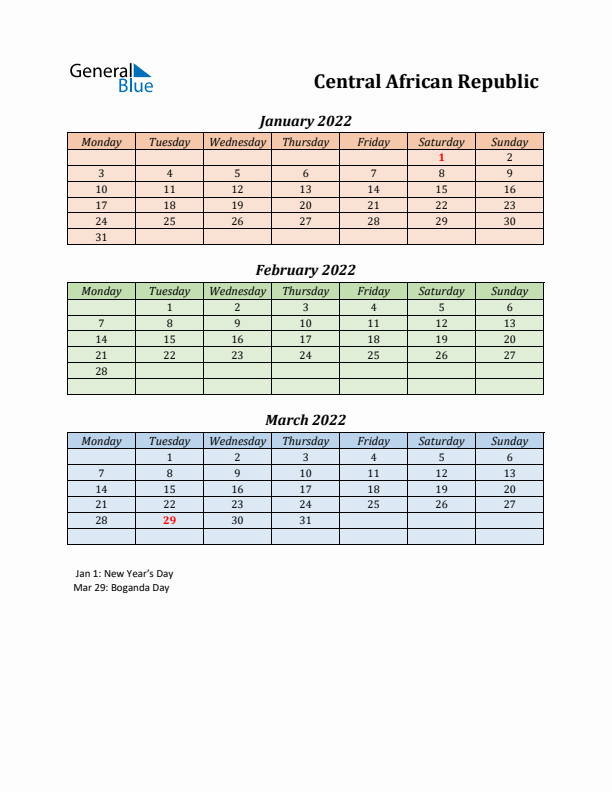 Q1 2022 Holiday Calendar - Central African Republic