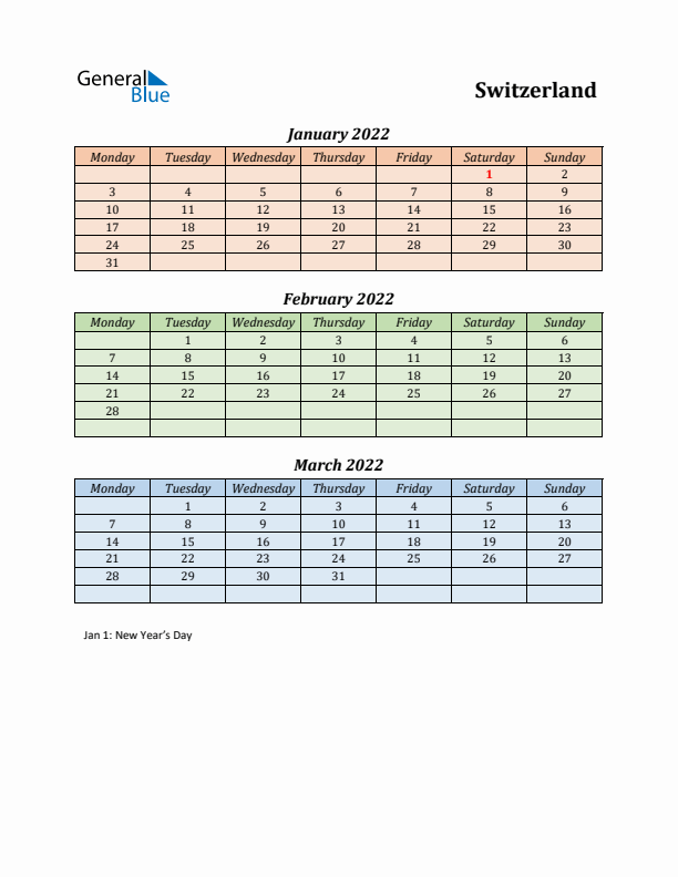 Q1 2022 Holiday Calendar - Switzerland