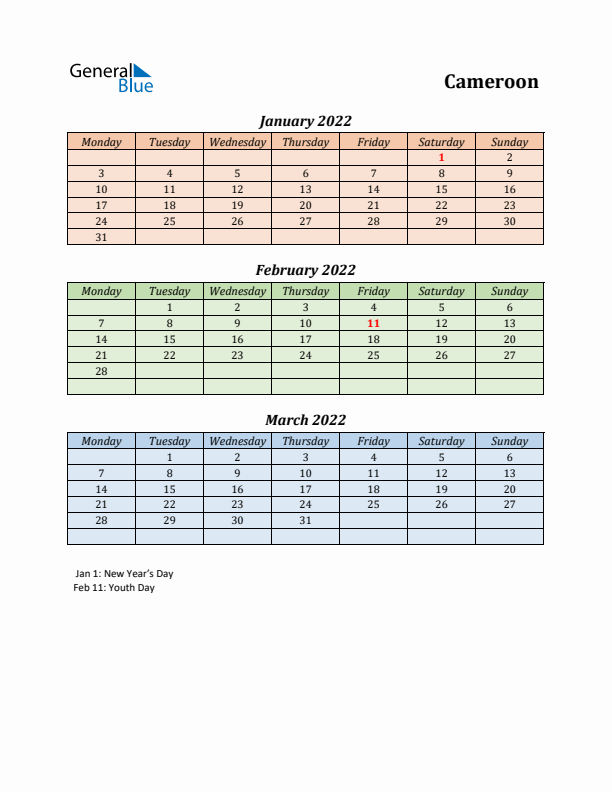 Q1 2022 Holiday Calendar - Cameroon