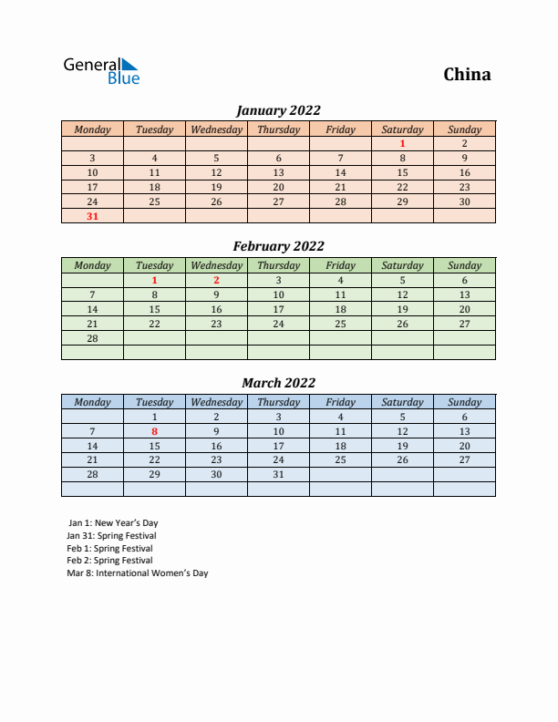 Q1 2022 Holiday Calendar - China