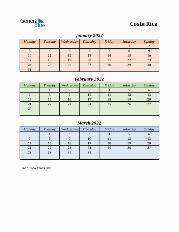 Q1 2022 Holiday Calendar - Costa Rica