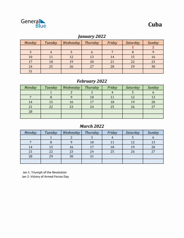 Q1 2022 Holiday Calendar - Cuba