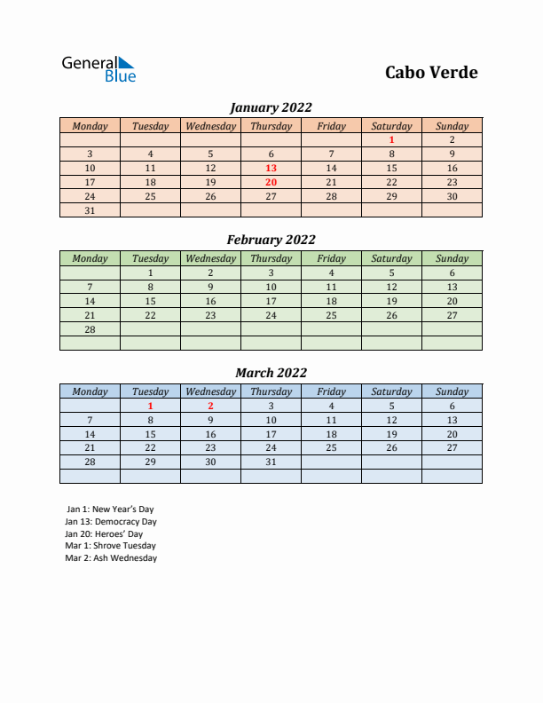 Q1 2022 Holiday Calendar - Cabo Verde