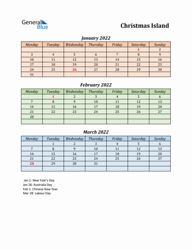 Q1 2022 Holiday Calendar - Christmas Island