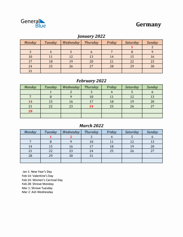 Q1 2022 Holiday Calendar - Germany