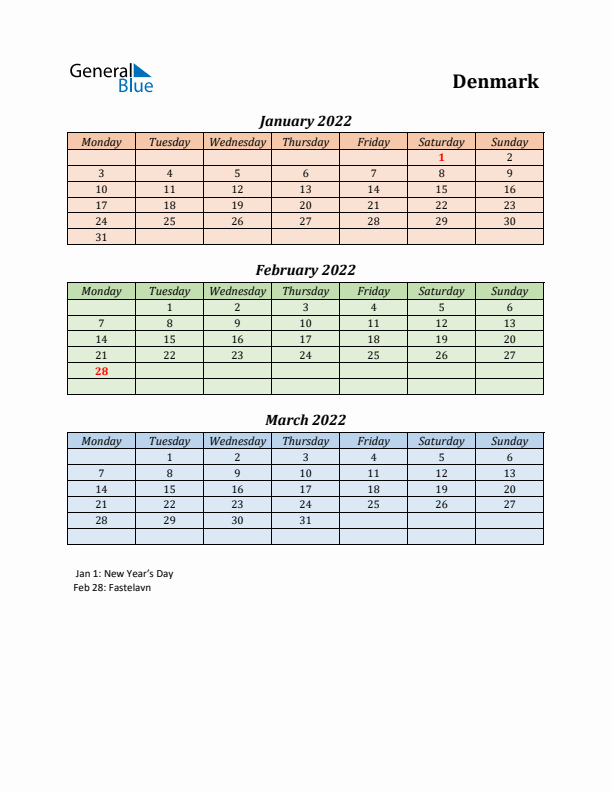 Q1 2022 Holiday Calendar - Denmark