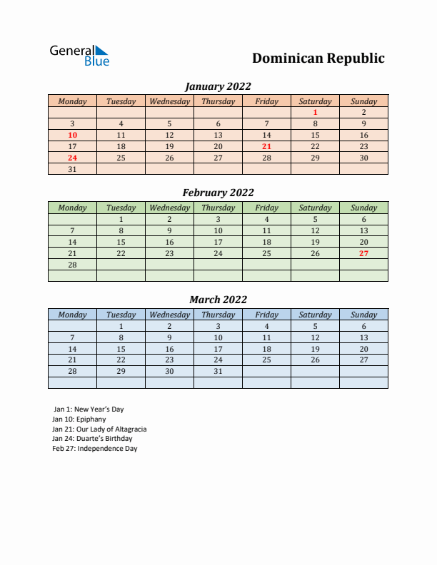 Q1 2022 Holiday Calendar - Dominican Republic