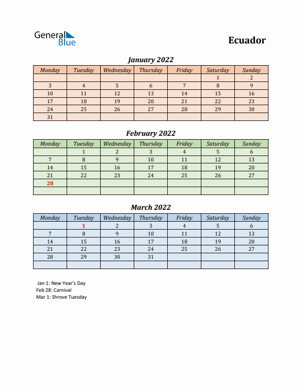 Q1 2022 Holiday Calendar - Ecuador