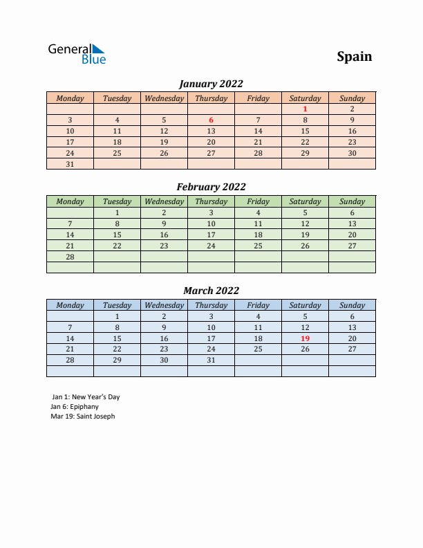 Q1 2022 Holiday Calendar - Spain