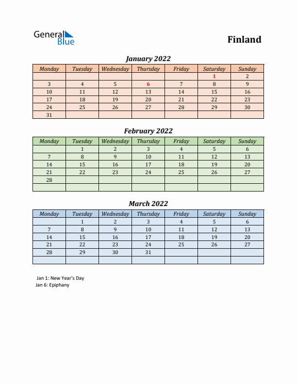 Q1 2022 Holiday Calendar - Finland