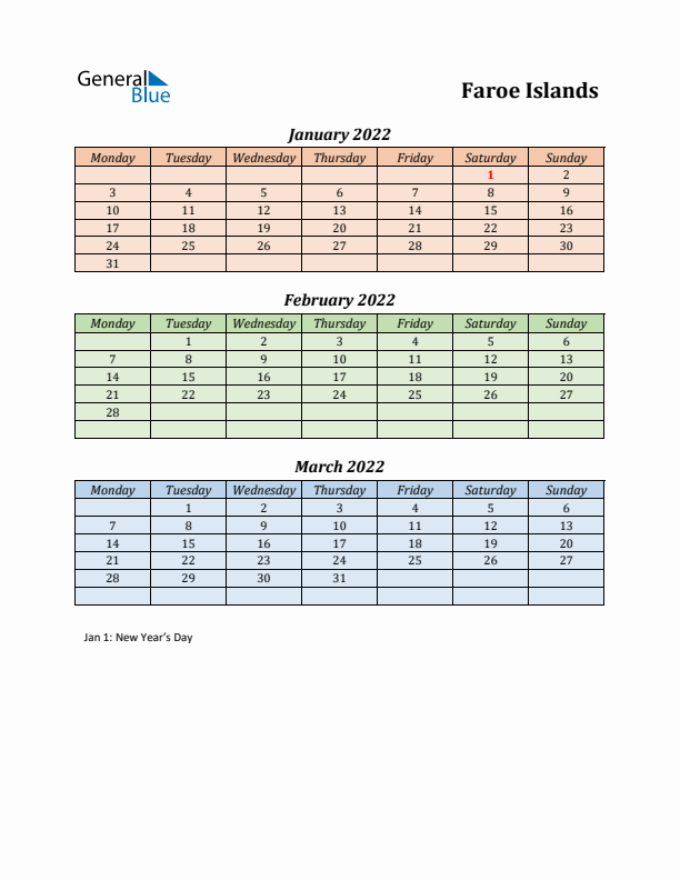 Q1 2022 Holiday Calendar - Faroe Islands