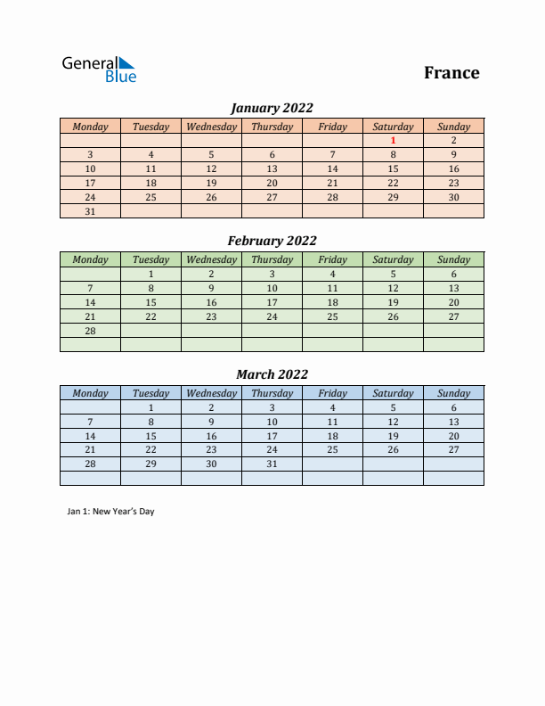 Q1 2022 Holiday Calendar - France