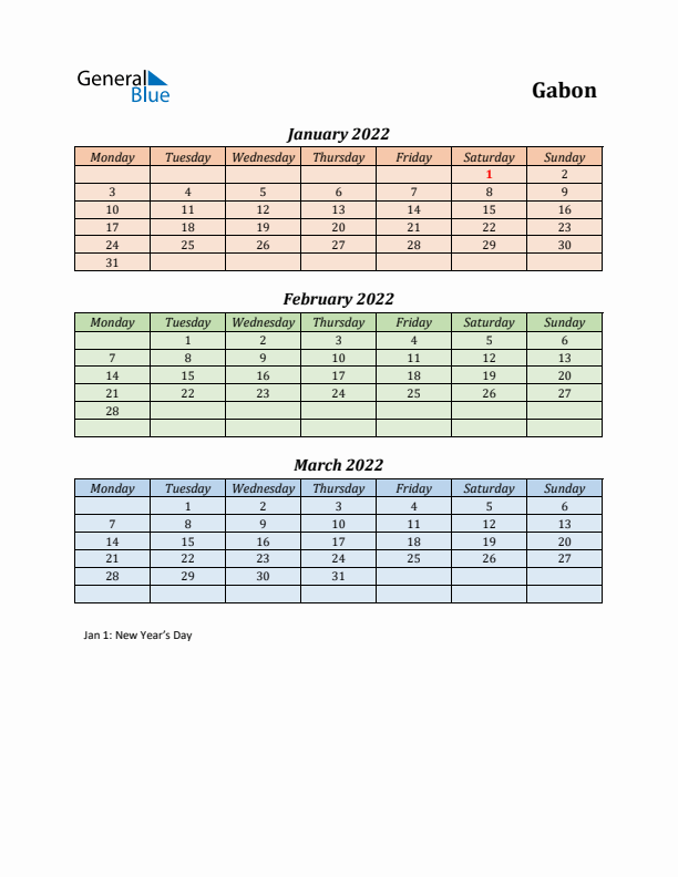 Q1 2022 Holiday Calendar - Gabon