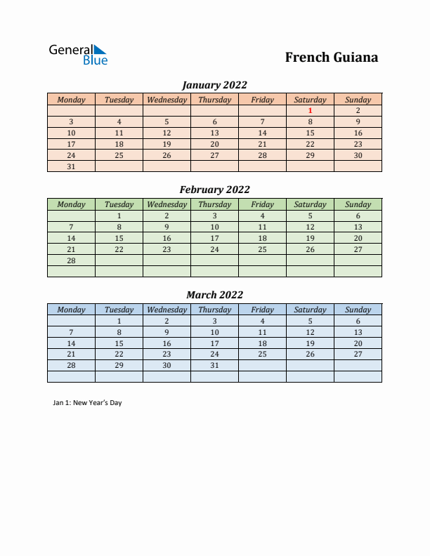 Q1 2022 Holiday Calendar - French Guiana