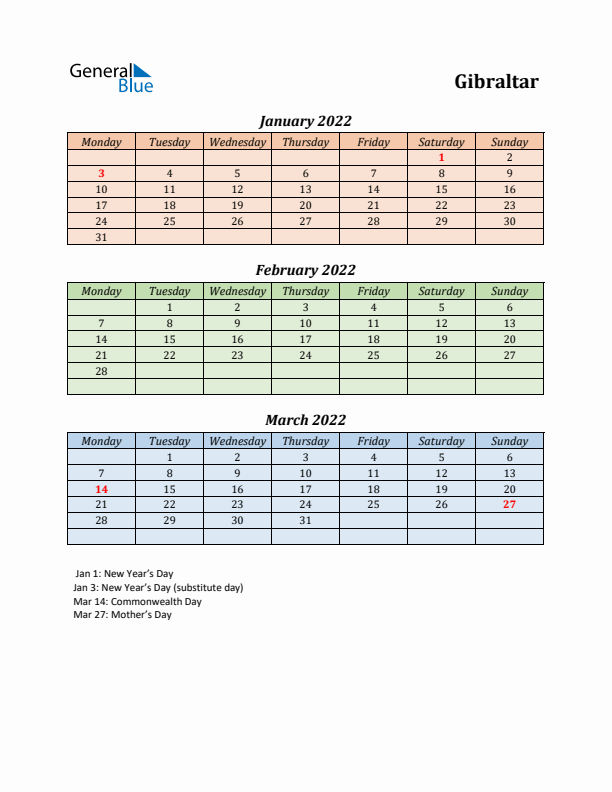 Q1 2022 Holiday Calendar - Gibraltar