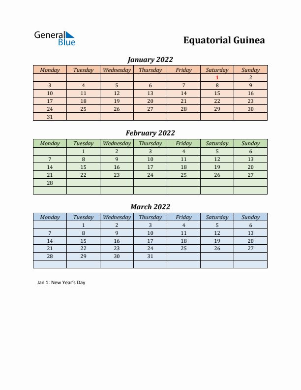 Q1 2022 Holiday Calendar - Equatorial Guinea