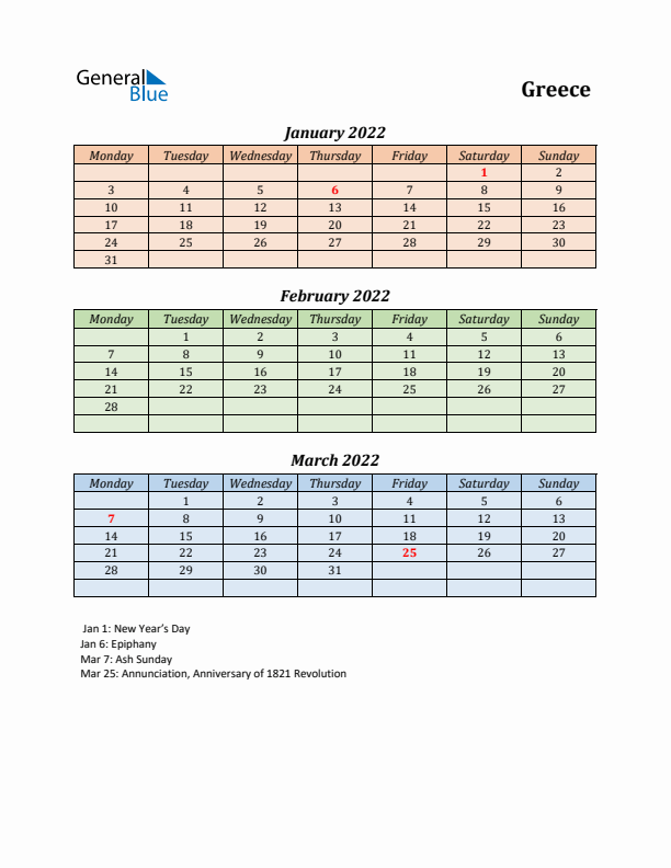 Q1 2022 Holiday Calendar - Greece