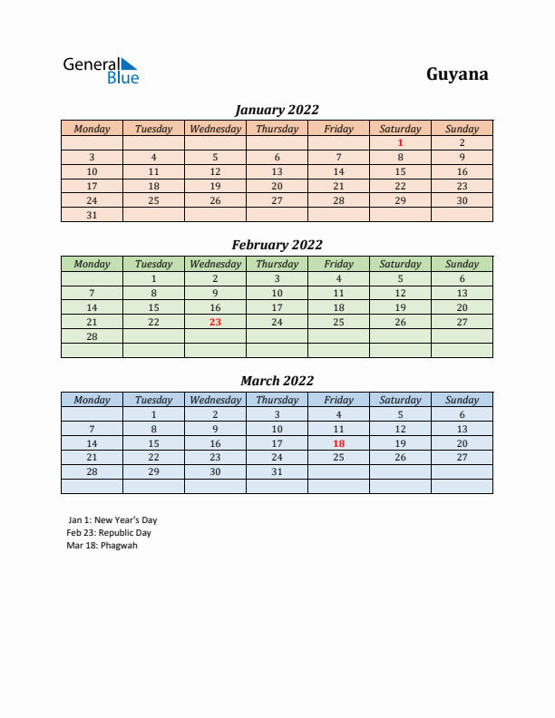 Q1 2022 Holiday Calendar - Guyana