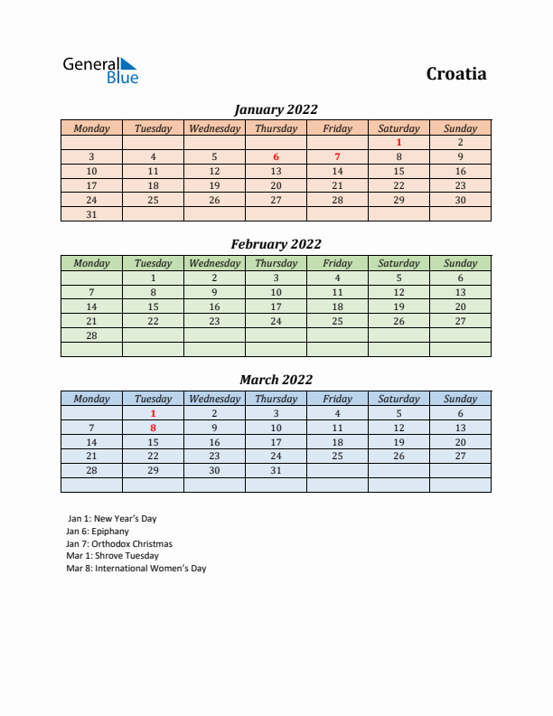 Q1 2022 Holiday Calendar - Croatia