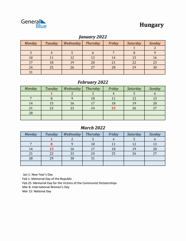 Q1 2022 Holiday Calendar - Hungary