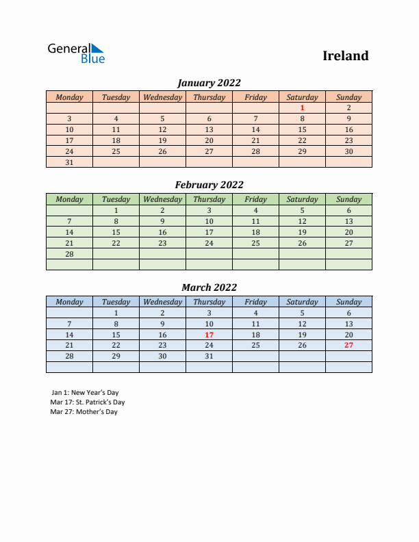 Q1 2022 Holiday Calendar - Ireland