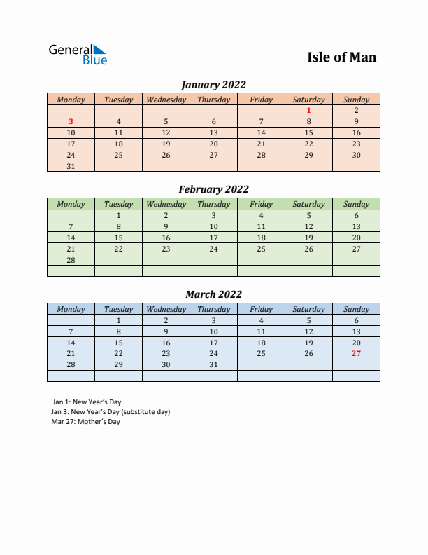 Q1 2022 Holiday Calendar - Isle of Man