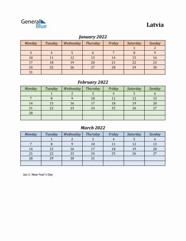 Q1 2022 Holiday Calendar - Latvia