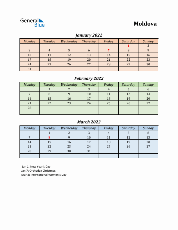 Q1 2022 Holiday Calendar - Moldova