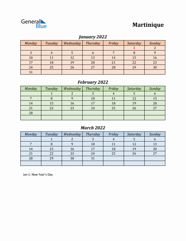 Q1 2022 Holiday Calendar - Martinique