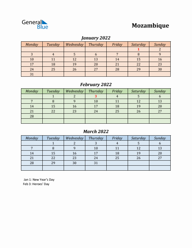 Q1 2022 Holiday Calendar - Mozambique