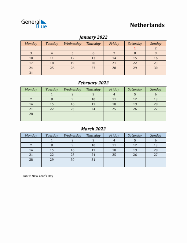 Q1 2022 Holiday Calendar - The Netherlands