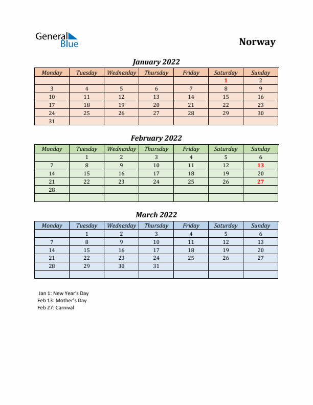 Q1 2022 Holiday Calendar - Norway