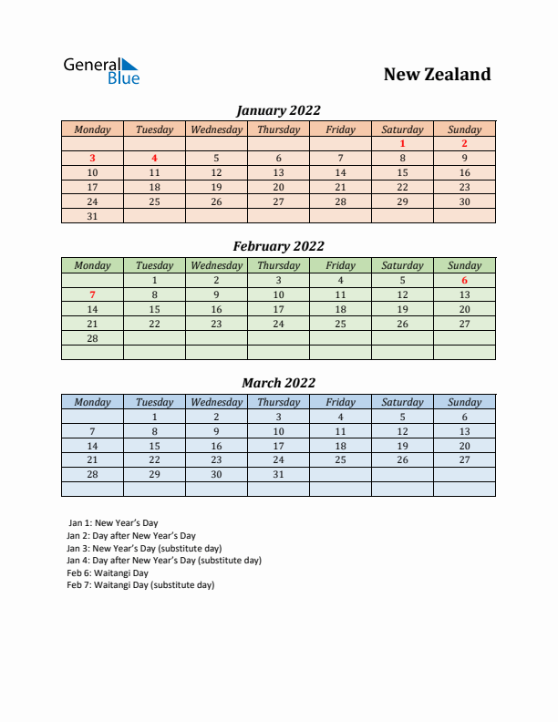 Q1 2022 Holiday Calendar - New Zealand