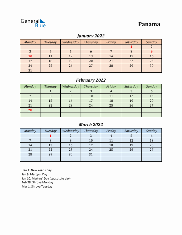 Q1 2022 Holiday Calendar - Panama