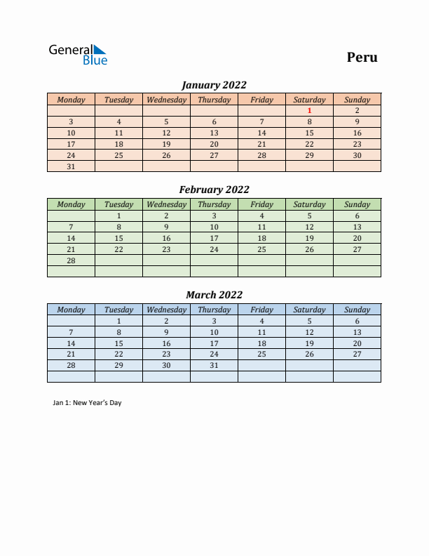 Q1 2022 Holiday Calendar - Peru