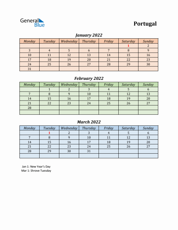 Q1 2022 Holiday Calendar - Portugal