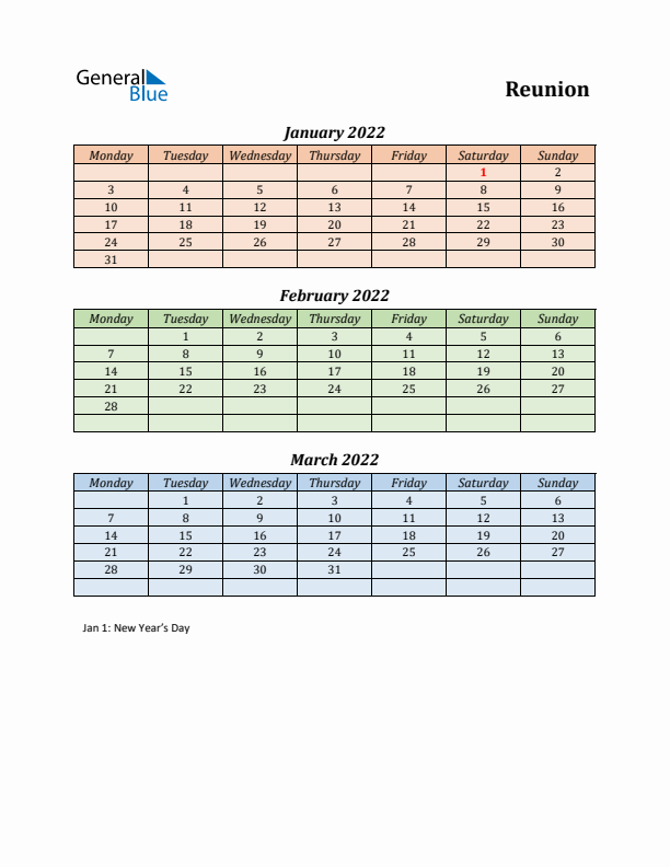 Q1 2022 Holiday Calendar - Reunion