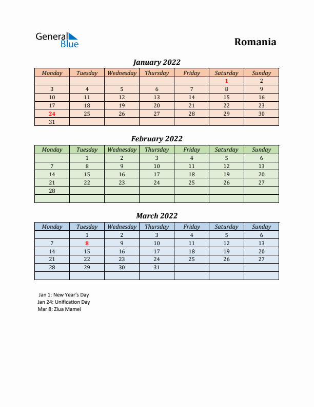 Q1 2022 Holiday Calendar - Romania