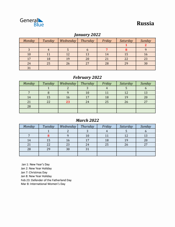 Q1 2022 Holiday Calendar - Russia