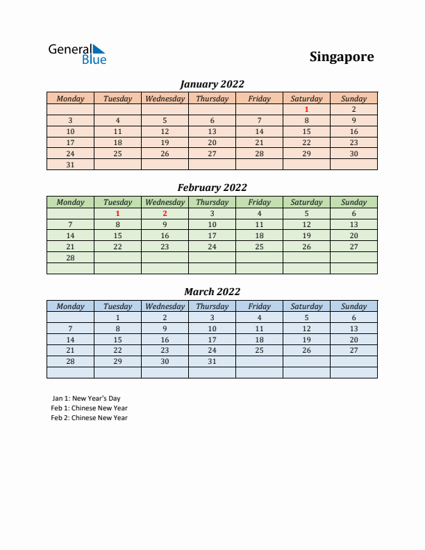 Q1 2022 Holiday Calendar - Singapore