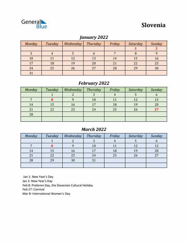 Q1 2022 Holiday Calendar - Slovenia