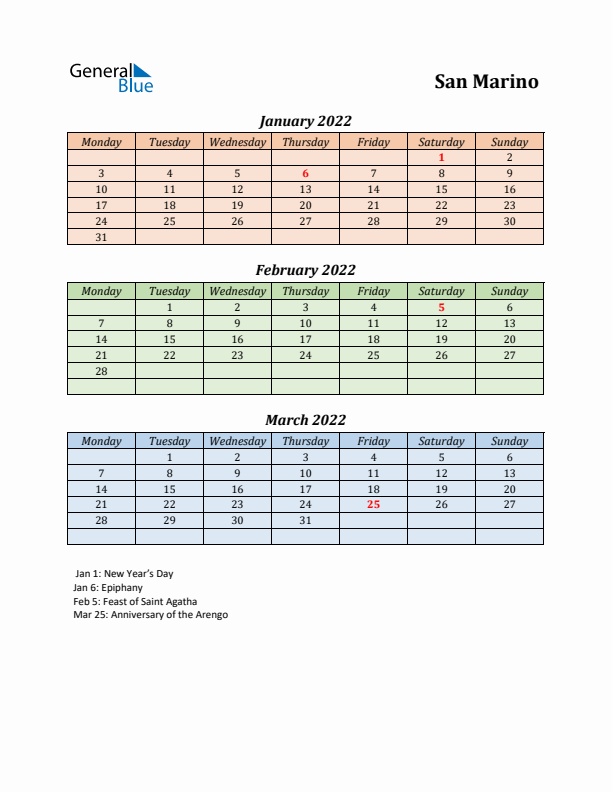 Q1 2022 Holiday Calendar - San Marino