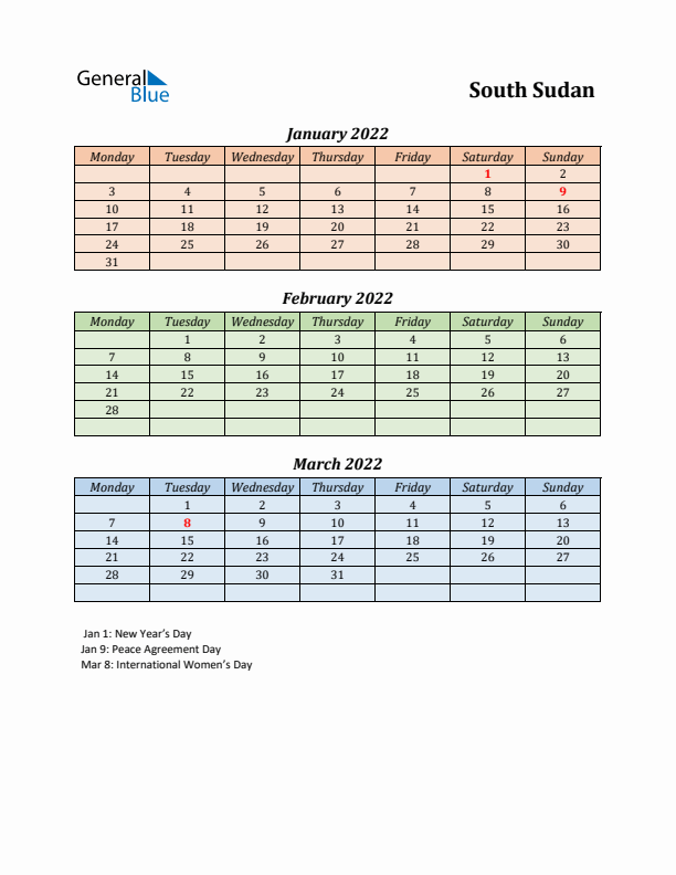 Q1 2022 Holiday Calendar - South Sudan