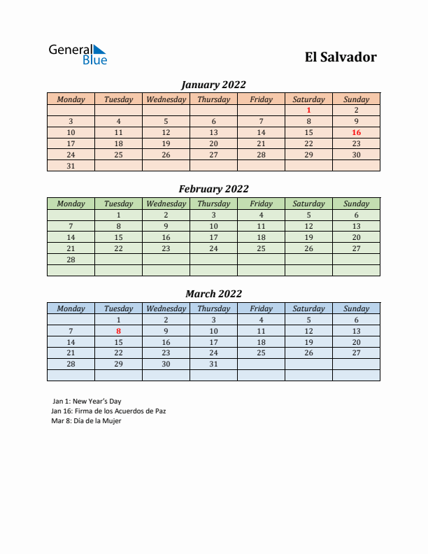 Q1 2022 Holiday Calendar - El Salvador