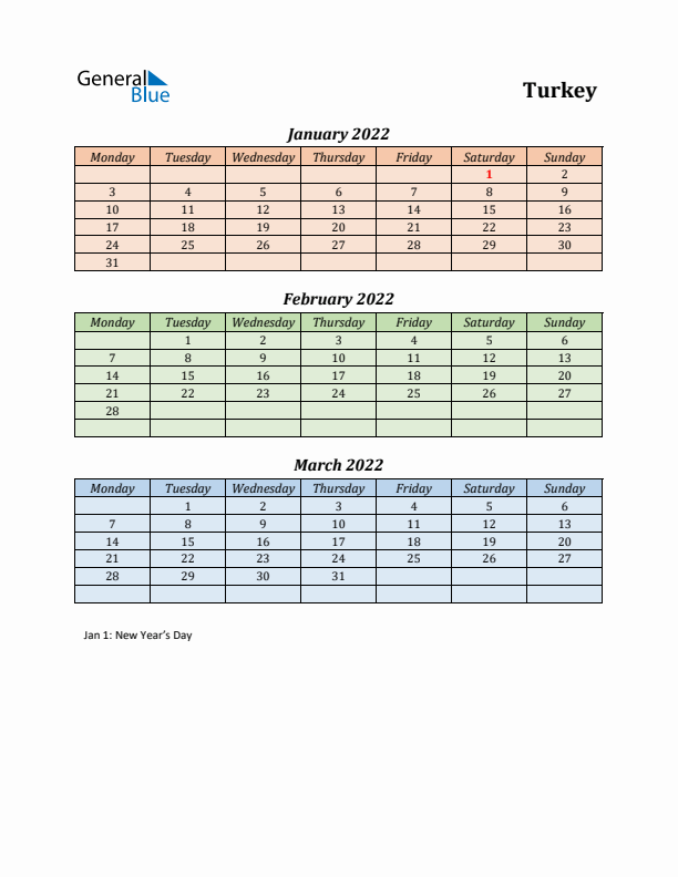 Q1 2022 Holiday Calendar - Turkey