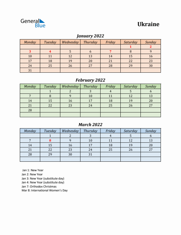 Q1 2022 Holiday Calendar - Ukraine