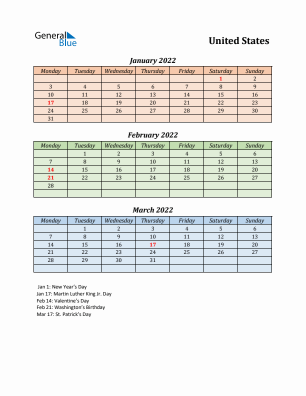 Q1 2022 Holiday Calendar - United States